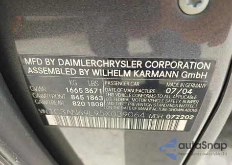 2005 Chrysler Crossfire Limited z USA, uszkodzony, nr VIN 1C3AN69L95X039064